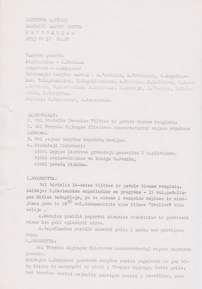 Lietuvos Sajūdžio Pasvalio rajono Tarybos 1993 m. birželio 10 d. posėdžio PROTOKOLAS Nr. 28